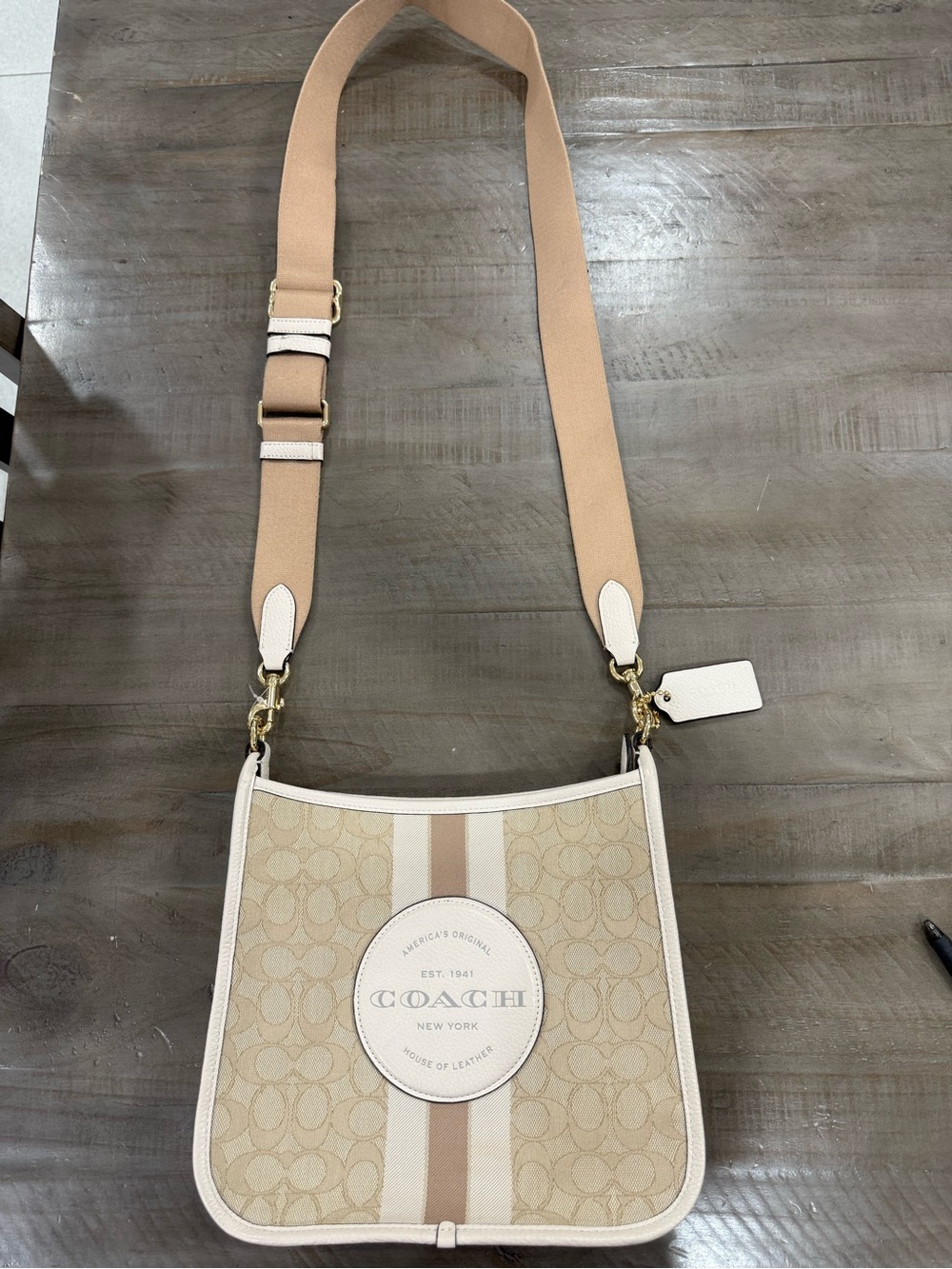 Coach Beige Signature Crossbody with White Trim and Center Stripe - Picture 2 of 9